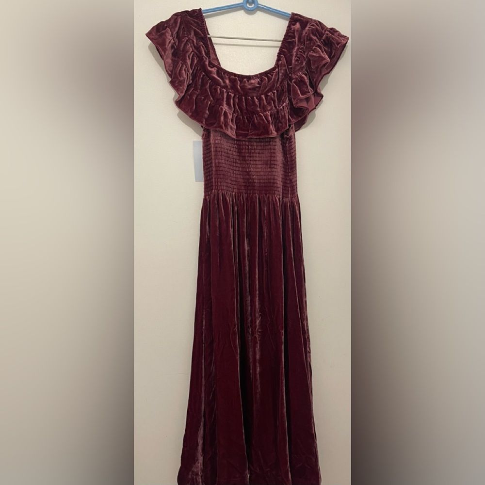 NWT Hill House Women's The Akilah Nap Midi Ruffle Dress Burgundy Velvet - Picture 8 of 14
